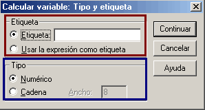 Definir la eriqueta y el tipo de la variable de resultado del procedimiento Calcular de SPSS