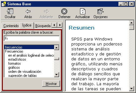Pestaña Indice - Ubicacion del procedimiento frecuencias - Ayudas de SPSS