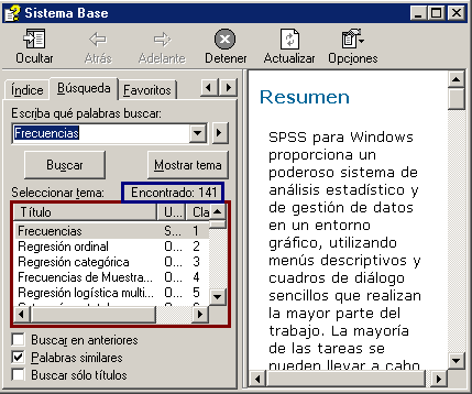 Ubicar la palabra Frecuencias en la Ayuda Busqueda de SPSS