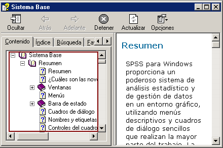 Pestaña Contenido - Ayudas de SPSS