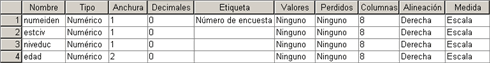 Definicion de la Anchura y decimales de las tres variables del ejemplo restantes