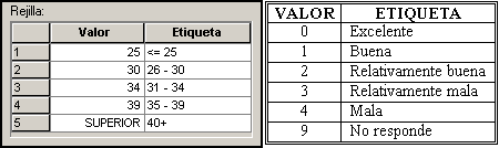 Definir las etiquetas de los nuevos rangos de la variable Edad - Tabla de valores de la variable Condicion de salud