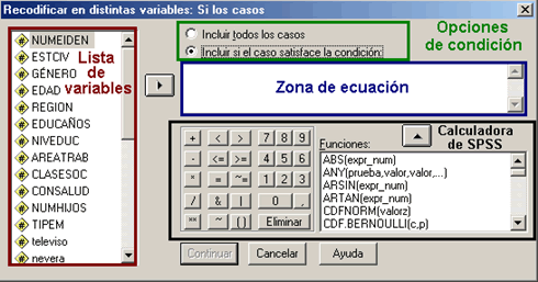 Ventana de Condicion de SPSS: El procedimiento recodificar nos permite restringir o delimitar el nuemro de casos que seran recodificados empleando la ventana de condicion de SPSS