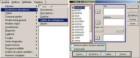 Abrir procedimiento Tablas de Contingencia - Ventana principal del procedimiento Tablas de Contingencia de SPSS
