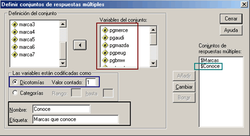 Definir Conjunto de Variables de Respuesta Multiple Dicotomías