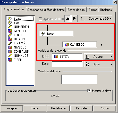 Definiendo las variables para crear un Grafico de Barras con Dos Variables de Categorias en SPSS