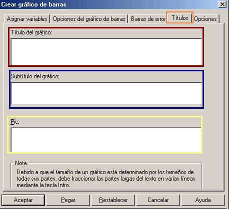 Titulos en los graficos de SPSS: Pestaña Titulos de los graficos de SPSS - Opciones Titulo del grafico, Subtitulo del grafico y Pie