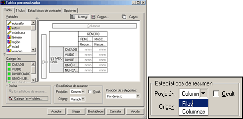 Ingresar Variables a las dimensiones Filas y Columnas - Definir posicion y origen de los estadisticos de la tabla